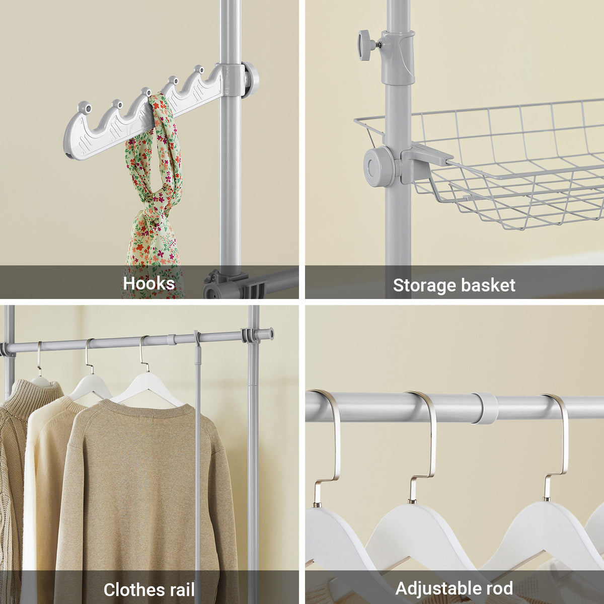 SoBuy KLS04-II-HG, Telescopic Clothes Rail, Heavy Duty Clothes Rack, Adjustable Open Wardrobe with Hanging Rails & Shelves for Bedroom, Walk-in Closet Grey