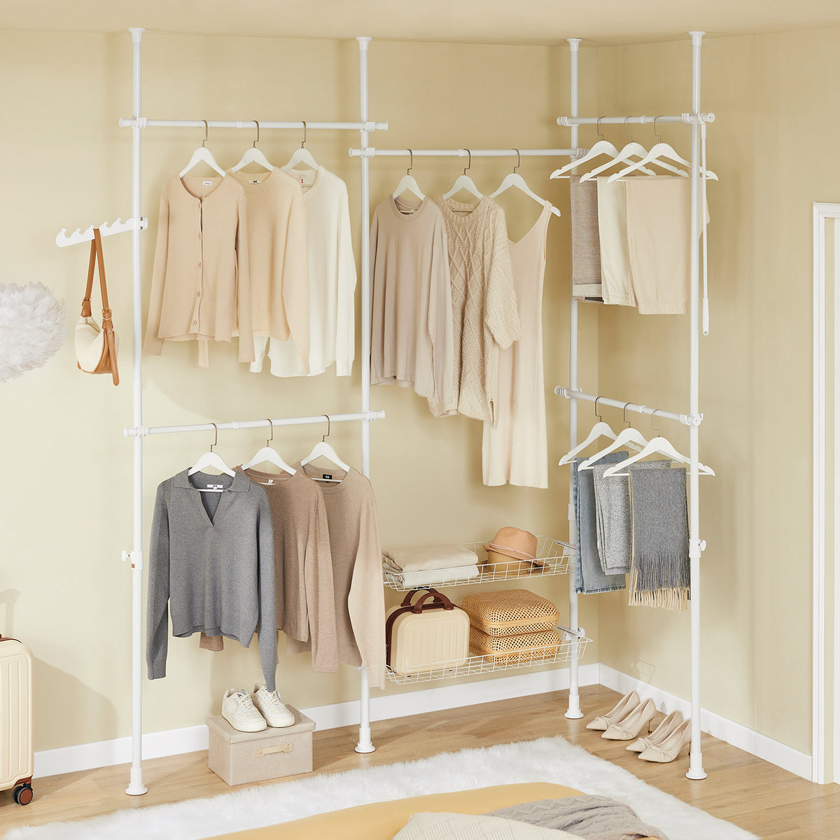 SoBuy KLS04-II-W, Telescopic Clothes Rail with Adjustable L-Shaped or One-Line Shape Heavy Duty Clothes Rack with Hanging Rails & Storage Shelves, Flexible Open Wardrobe for Walk-in Closet, White