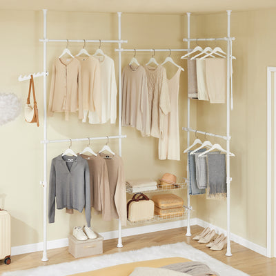 SoBuy KLS04-II-W, Telescopic Clothes Rail with Adjustable L-Shaped or One-Line Shape Heavy Duty Clothes Rack with Hanging Rails & Storage Shelves, Flexible Open Wardrobe for Walk-in Closet, White
