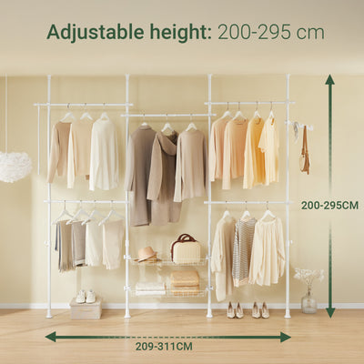 SoBuy KLS04-II-W, Telescopic Clothes Rail with Adjustable L-Shaped or One-Line Shape Heavy Duty Clothes Rack with Hanging Rails & Storage Shelves, Flexible Open Wardrobe for Walk-in Closet, White