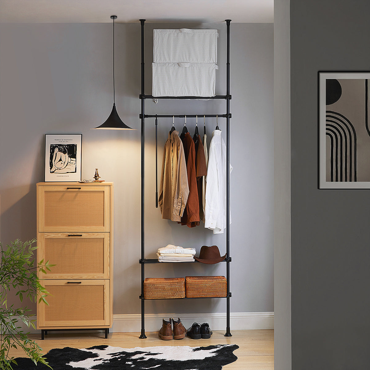 SoBuy KLS07-SCH, Telescopic Clothes Rail, Heavy Duty Clothes Rack, Adjustable Open Wardrobe with Hanging Rails & Shelves for Bedroom, Walk-in Closet Black