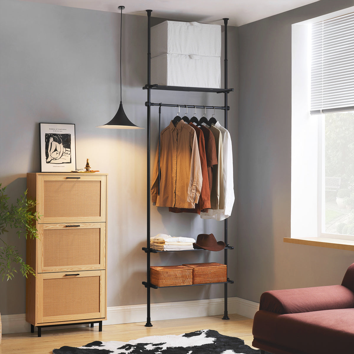 SoBuy KLS07-SCH, Telescopic Clothes Rail, Heavy Duty Clothes Rack, Adjustable Open Wardrobe with Hanging Rails & Shelves for Bedroom, Walk-in Closet Black