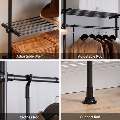 SoBuy KLS07-SCH, Telescopic Clothes Rail, Heavy Duty Clothes Rack, Adjustable Open Wardrobe with Hanging Rails & Shelves for Bedroom, Walk-in Closet Black