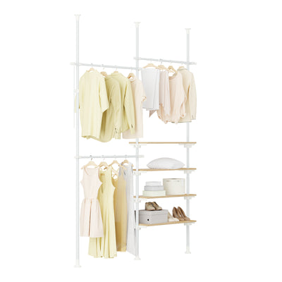 SoBuy KLS17-WN, Telescopic Clothes Rail, Heavy Duty Clothes Rack, Adjustable Open Wardrobe with Hanging Rails & Shelves for Bedroom, Walk-in Closet White Natural