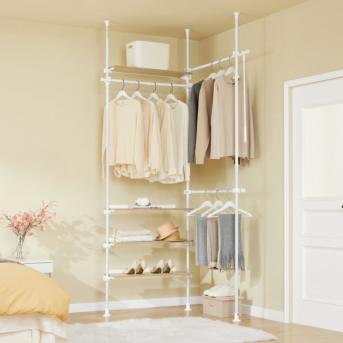 SoBuy KLS17-WN, Telescopic Clothes Rail, Heavy Duty Clothes Rack, Adjustable Open Wardrobe with Hanging Rails & Shelves for Bedroom, Walk-in Closet White Natural