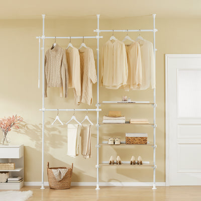 SoBuy KLS17-WN, Telescopic Clothes Rail, Heavy Duty Clothes Rack, Adjustable Open Wardrobe with Hanging Rails & Shelves for Bedroom, Walk-in Closet White Natural