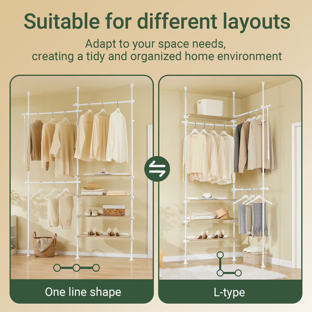 SoBuy KLS17-WN, Telescopic Clothes Rail, Heavy Duty Clothes Rack, Adjustable Open Wardrobe with Hanging Rails & Shelves for Bedroom, Walk-in Closet White Natural
