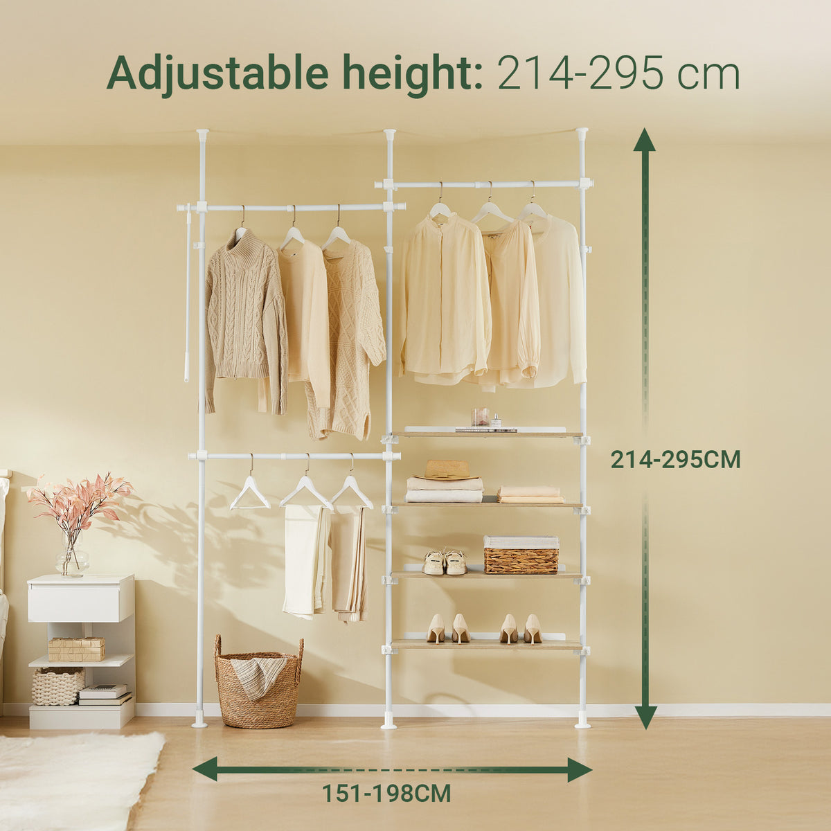 SoBuy KLS17-WN, Telescopic Clothes Rail, Heavy Duty Clothes Rack, Adjustable Open Wardrobe with Hanging Rails & Shelves for Bedroom, Walk-in Closet White Natural