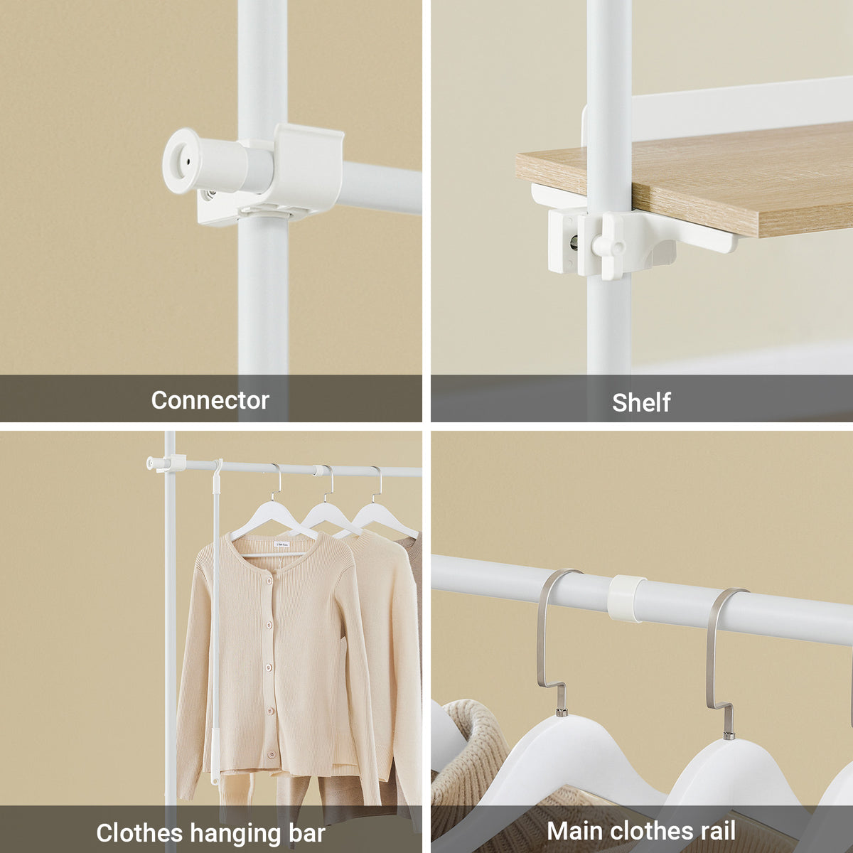 SoBuy KLS17-WN, Telescopic Clothes Rail, Heavy Duty Clothes Rack, Adjustable Open Wardrobe with Hanging Rails & Shelves for Bedroom, Walk-in Closet White Natural
