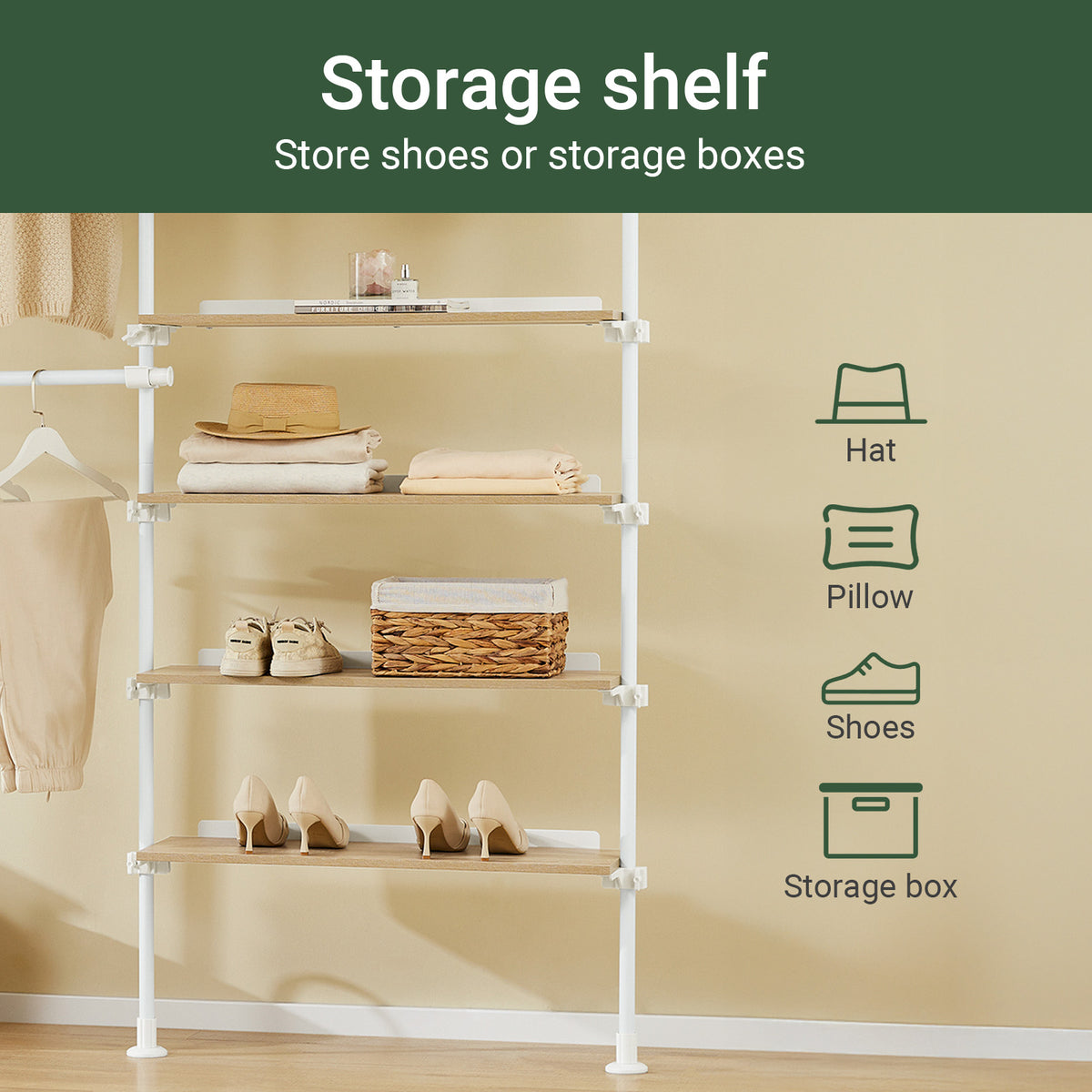 SoBuy KLS17-WN, Telescopic Clothes Rail, Heavy Duty Clothes Rack, Adjustable Open Wardrobe with Hanging Rails & Shelves for Bedroom, Walk-in Closet White Natural