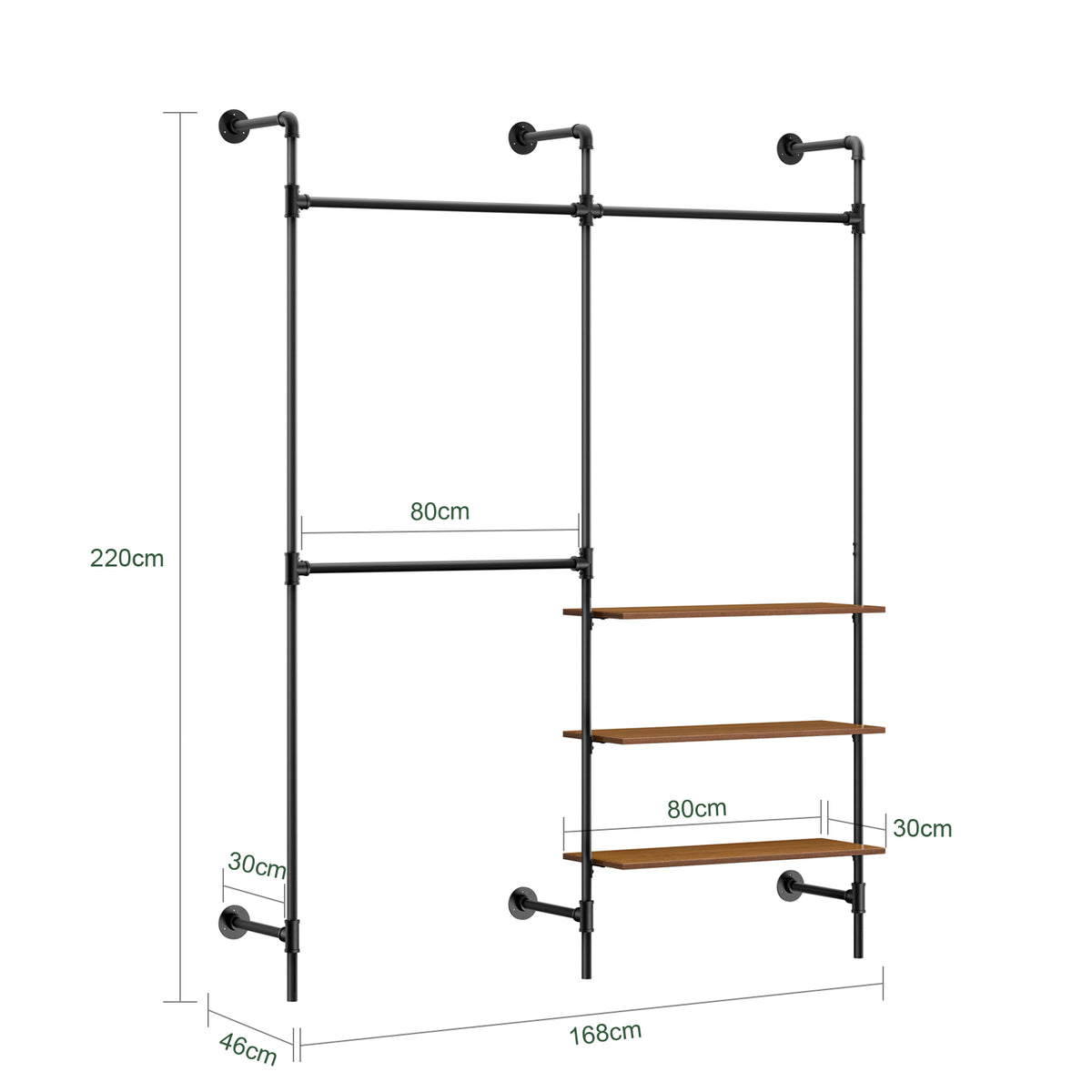 SoBuy KLS18-SCH, Wall-Mounted Clothes Rail, Fixed Pipe Garment Rack with 3 Hanging Rails & 3 MDF Shelves, Heavy-Duty Space-Saving Open Wardrobe Closet Organiser, Industrial Black