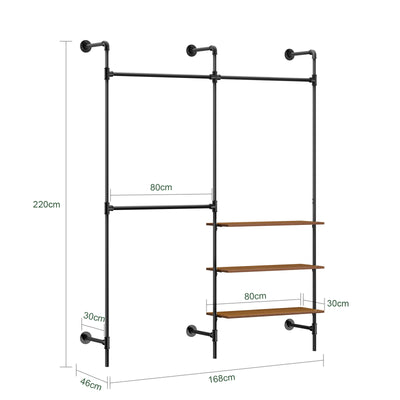 SoBuy KLS18-SCH, Wall-Mounted Clothes Rail, Fixed Pipe Garment Rack with 3 Hanging Rails & 3 MDF Shelves, Heavy-Duty Space-Saving Open Wardrobe Closet Organiser, Industrial Black