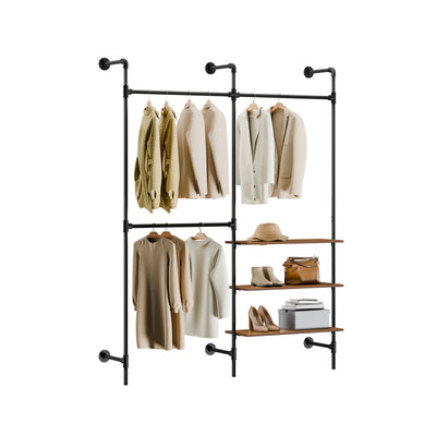 SoBuy KLS18-SCH, Wall-Mounted Clothes Rail, Fixed Pipe Garment Rack with 3 Hanging Rails & 3 MDF Shelves, Heavy-Duty Space-Saving Open Wardrobe Closet Organiser, Industrial Black