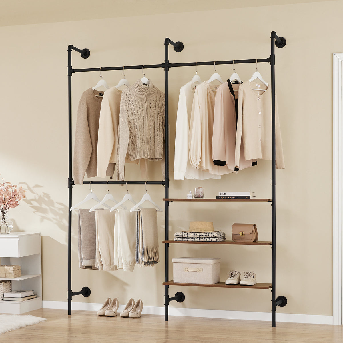 SoBuy KLS18-SCH, Wall-Mounted Clothes Rail, Fixed Pipe Garment Rack with 3 Hanging Rails & 3 MDF Shelves, Heavy-Duty Space-Saving Open Wardrobe Closet Organiser, Industrial Black