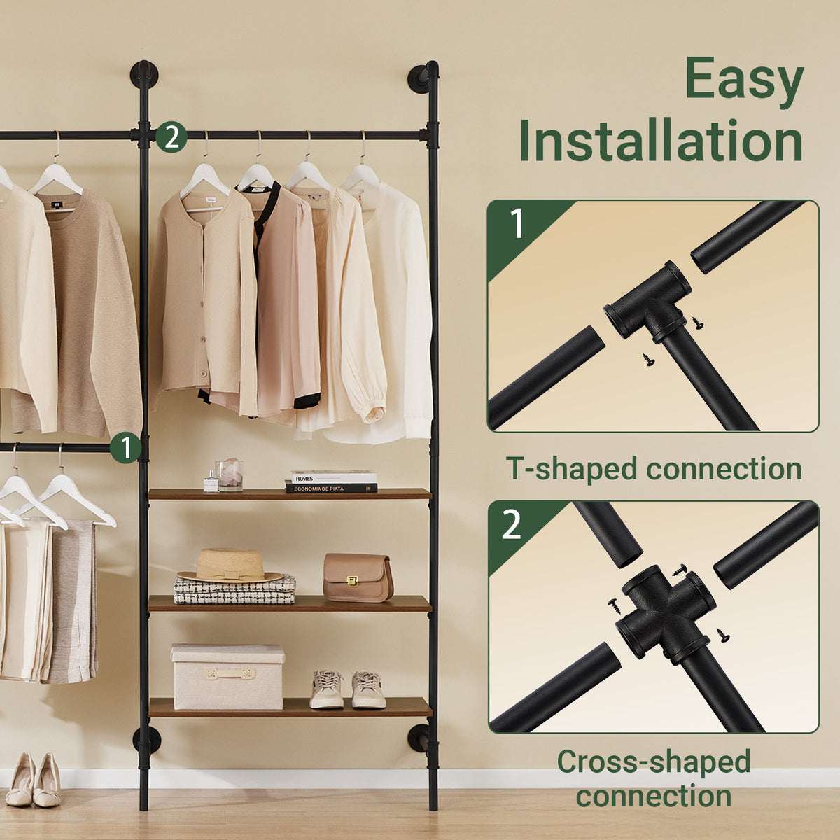 SoBuy KLS18-SCH, Wall-Mounted Clothes Rail, Fixed Pipe Garment Rack with 3 Hanging Rails & 3 MDF Shelves, Heavy-Duty Space-Saving Open Wardrobe Closet Organiser, Industrial Black