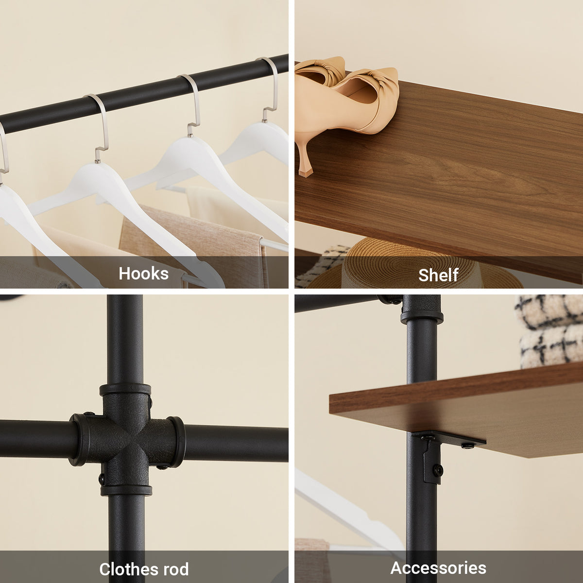 SoBuy KLS18-SCH, Wall-Mounted Clothes Rail, Fixed Pipe Garment Rack with 3 Hanging Rails & 3 MDF Shelves, Heavy-Duty Space-Saving Open Wardrobe Closet Organiser, Industrial Black