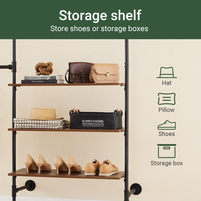 SoBuy KLS18-SCH, Wall-Mounted Clothes Rail, Fixed Pipe Garment Rack with 3 Hanging Rails & 3 MDF Shelves, Heavy-Duty Space-Saving Open Wardrobe Closet Organiser, Industrial Black