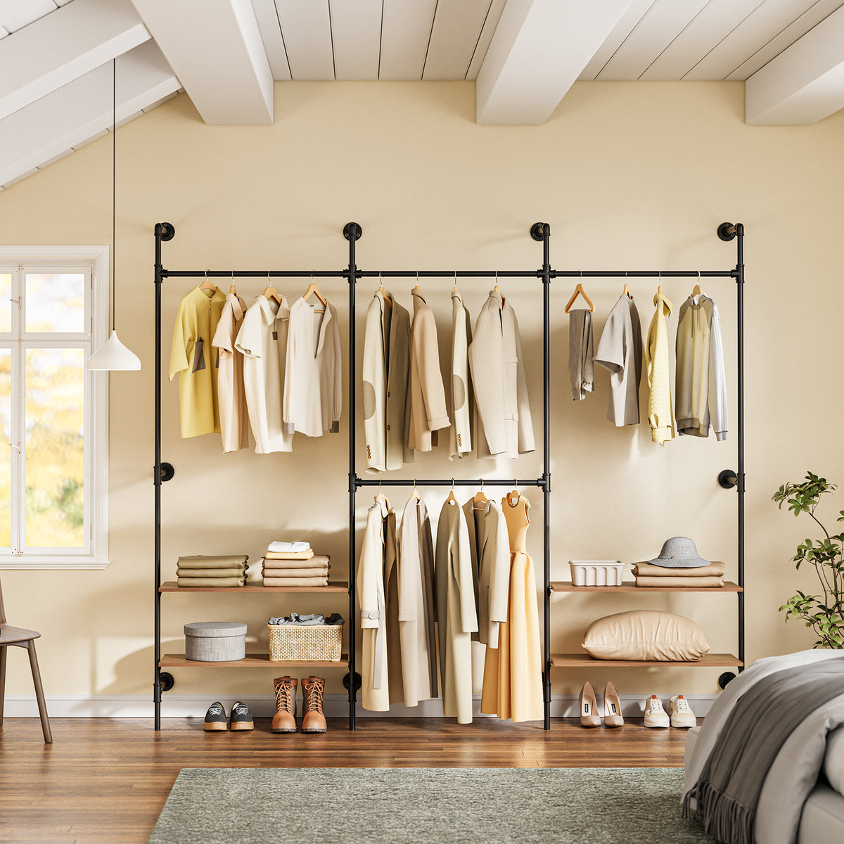 Pre-sale SoBuy KLS19-SCH, Wall-Mounted Clothes Rail, Clothes Rack Open Wardrobe with Fixed Pipe Design, 4 Hanging Rails & 4 Shelves, Heavy Duty Garment Rack Storage Organiser for Bedroom, Black 265x48x220 cm