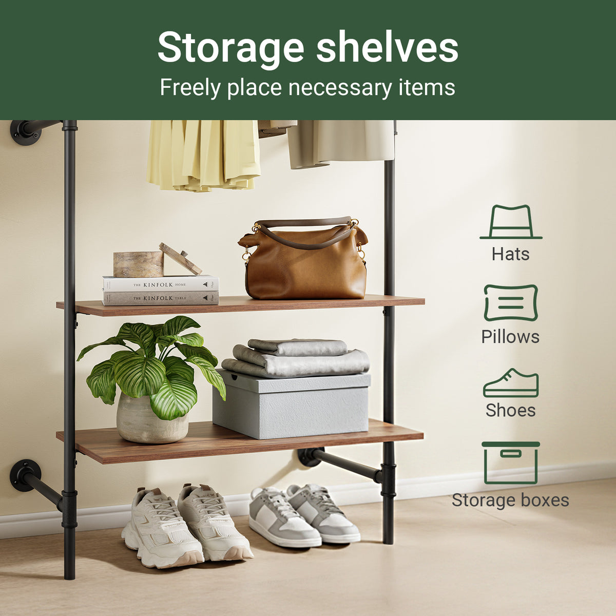 SoBuy KLS20-SCH, Wall-Mounted Clothes Rail, Clothes Rack with Fixed Pipe Design, 1 Hanging Rail & 2 Shelves, Black 91.5x48x220 cm