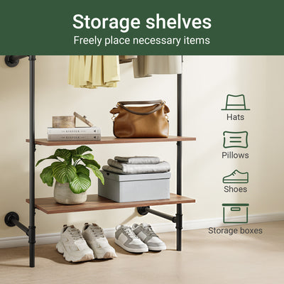SoBuy KLS20-SCH, Wall-Mounted Clothes Rail, Clothes Rack with Fixed Pipe Design, 1 Hanging Rail & 2 Shelves, Black 91.5x48x220 cm
