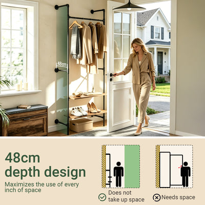 SoBuy KLS20-SCH, Wall-Mounted Clothes Rail, Clothes Rack with Fixed Pipe Design, 1 Hanging Rail & 2 Shelves, Black 91.5x48x220 cm