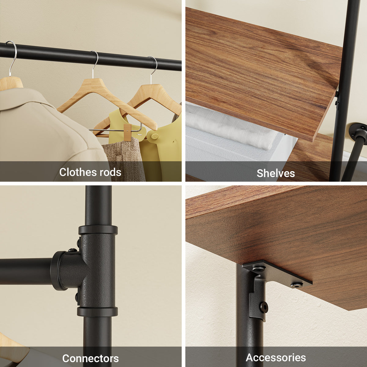 SoBuy KLS20-SCH, Wall-Mounted Clothes Rail, Clothes Rack with Fixed Pipe Design, 1 Hanging Rail & 2 Shelves, Black 91.5x48x220 cm