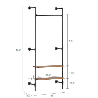 SoBuy KLS20-SCH, Wall-Mounted Clothes Rail, Clothes Rack with Fixed Pipe Design, 1 Hanging Rail & 2 Shelves, Black 91.5x48x220 cm