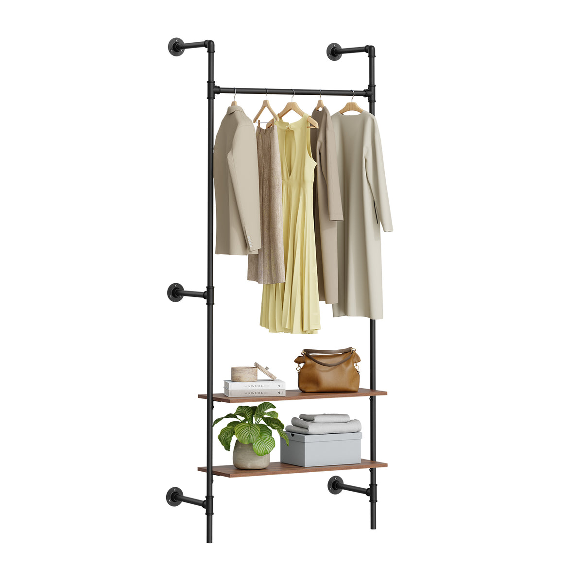 SoBuy KLS20-SCH, Wall-Mounted Clothes Rail, Clothes Rack with Fixed Pipe Design, 1 Hanging Rail & 2 Shelves, Black 91.5x48x220 cm
