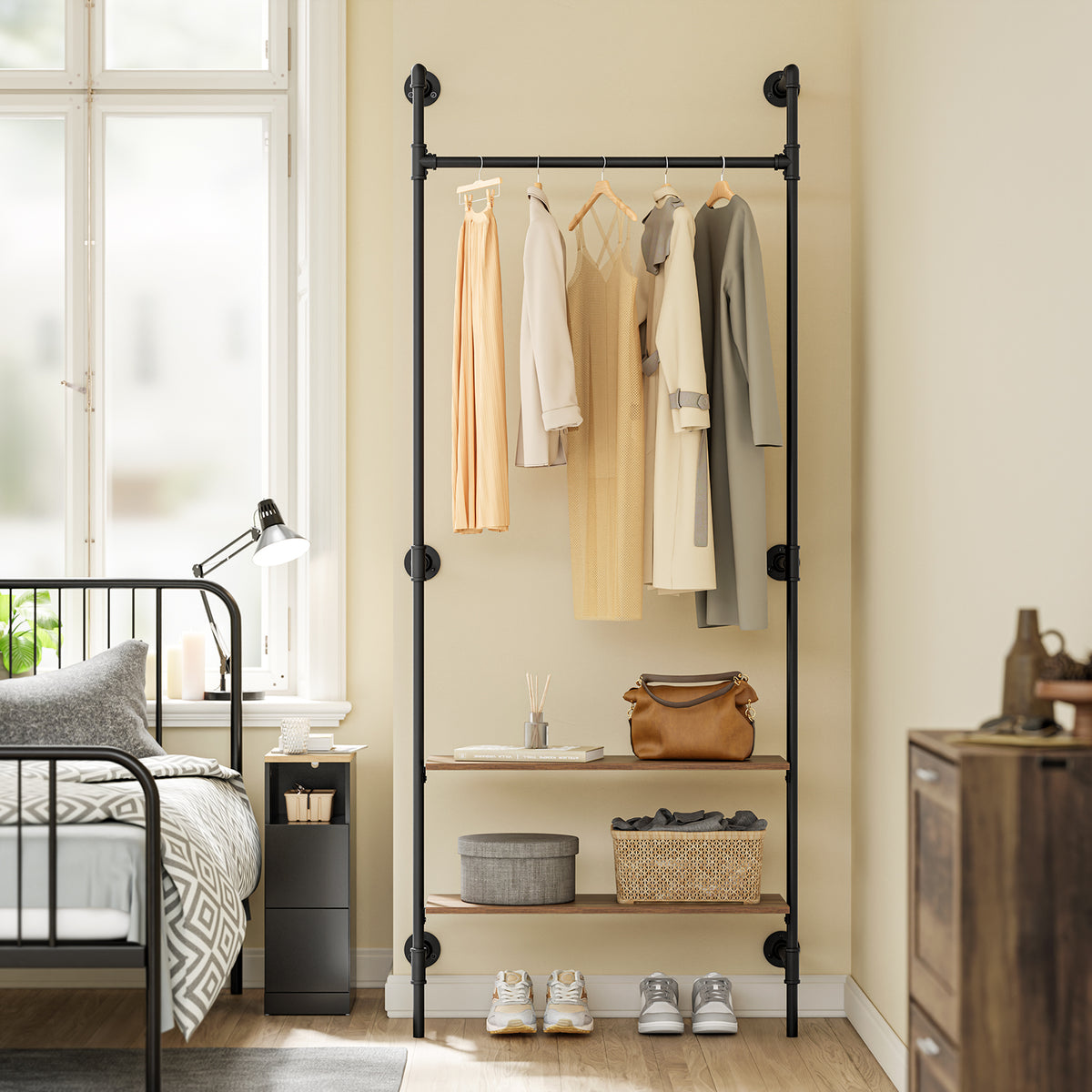 SoBuy KLS20-SCH, Wall-Mounted Clothes Rail, Clothes Rack with Fixed Pipe Design, 1 Hanging Rail & 2 Shelves, Black 91.5x48x220 cm