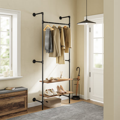 SoBuy KLS20-SCH, Wall-Mounted Clothes Rail, Clothes Rack with Fixed Pipe Design, 1 Hanging Rail & 2 Shelves, Black 91.5x48x220 cm