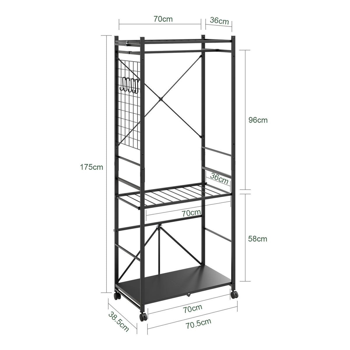 SoBuy KLS22-SCH, Heavy Duty Open Wardrobe on Wheels with Hooks, Dark Gray, 70x38x175cm - view 3