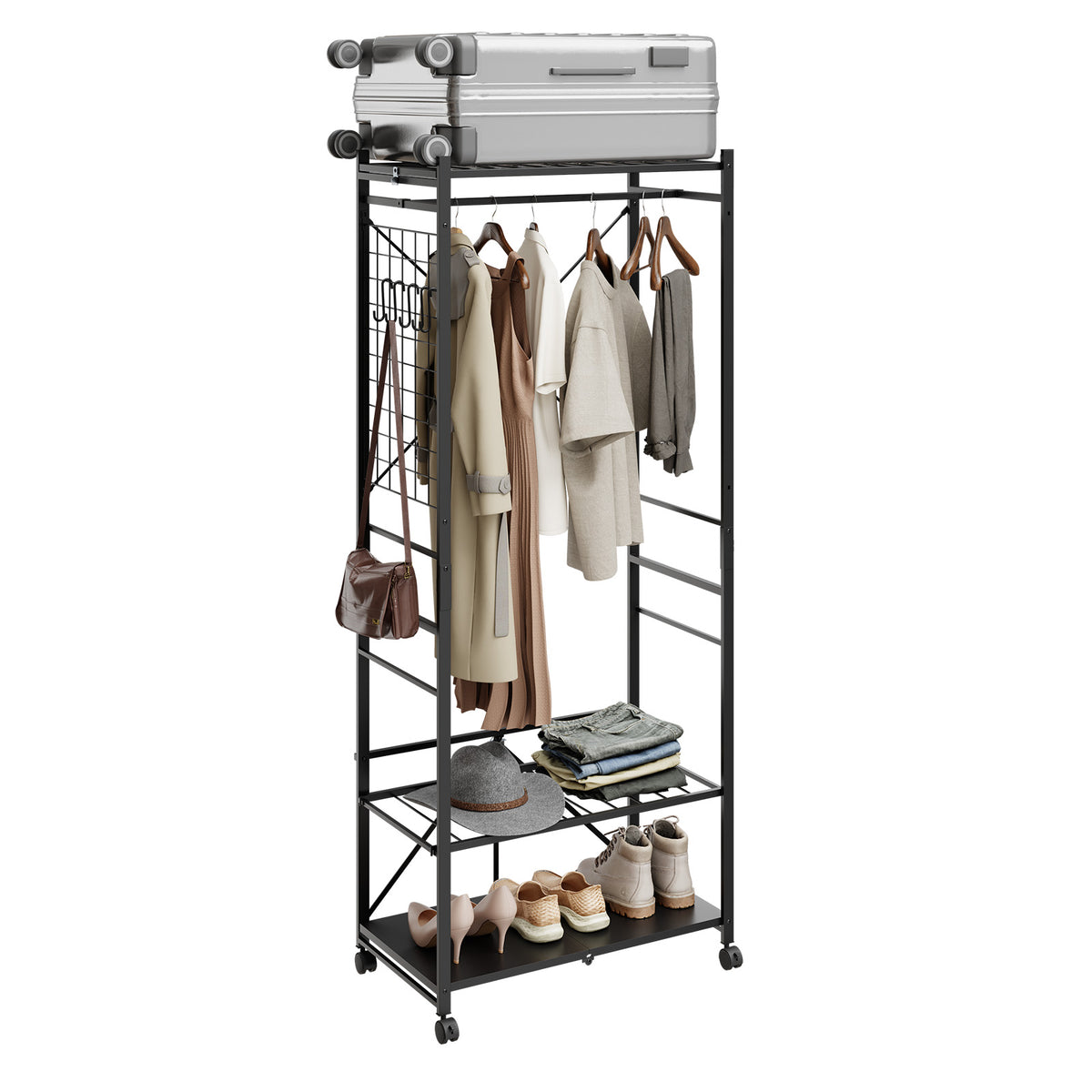 SoBuy KLS22-SCH, Heavy Duty Open Wardrobe on Wheels with Hooks, Dark Gray, 70x38x175cm