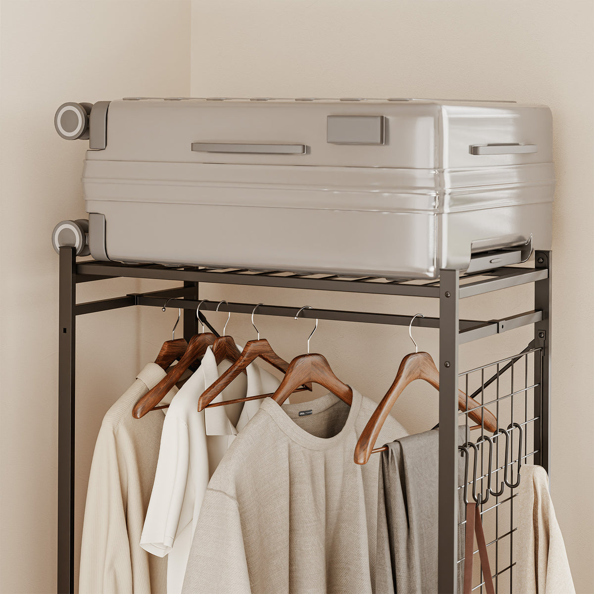 SoBuy KLS22-SCH, Heavy Duty Open Wardrobe on Wheels with Hooks, Dark Gray, 70x38x175cm - view 4