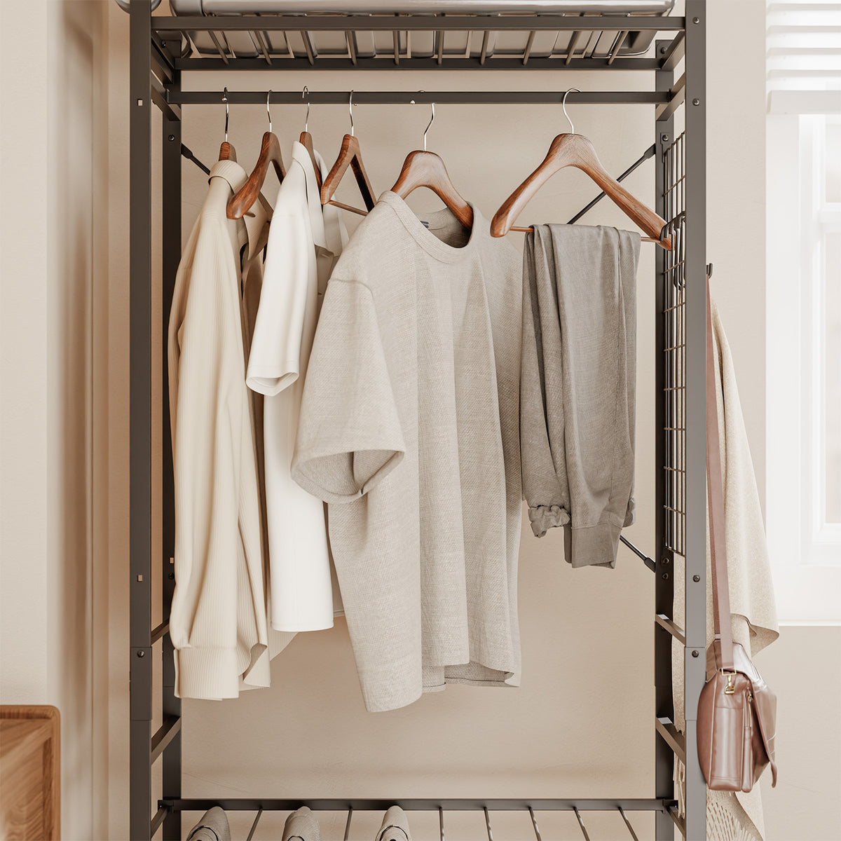 SoBuy KLS22-SCH, Heavy Duty Open Wardrobe on Wheels with Hooks, Dark Gray, 70x38x175cm - view 5