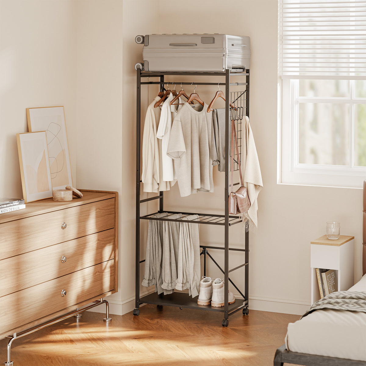 SoBuy KLS22-SCH, Heavy Duty Open Wardrobe on Wheels with Hooks, Dark Gray, 70x38x175cm - view 11