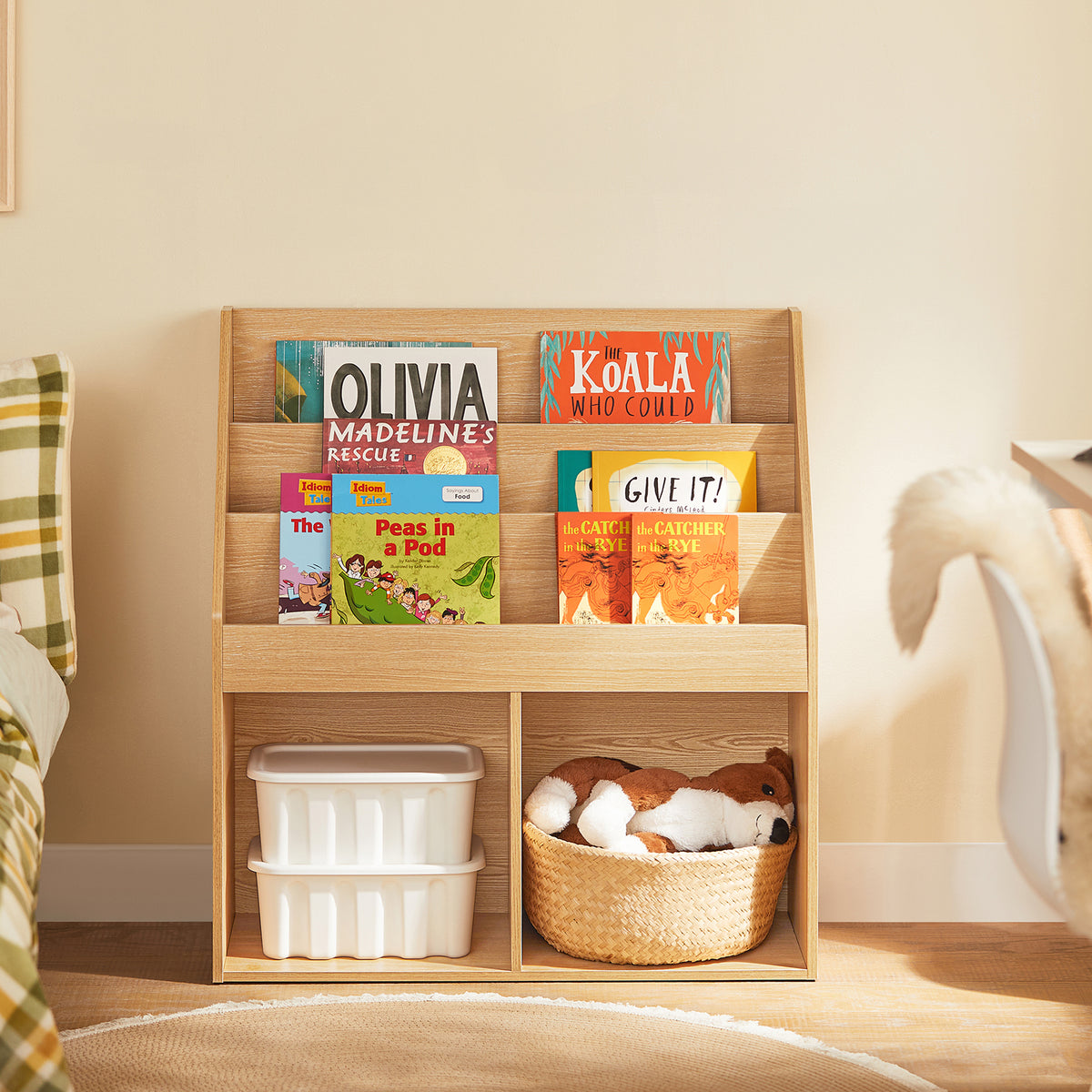 SoBuy KMB01-N, Kids Bookshelf and Toy Storage Unit with 3 Tiers and 2 Storage Partitions Children's Bookcase for Nursery Toddler Room Baby Book Shelf Kids Book Storage Natural 73x30x80 cm