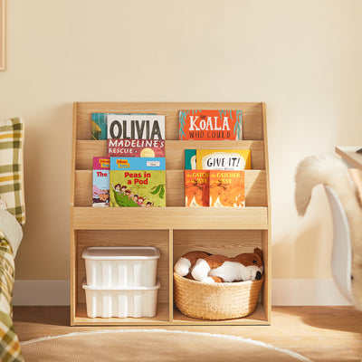 SoBuy KMB01-N, Kids Bookshelf and Toy Storage Unit with 3 Tiers and 2 Storage Partitions Children's Bookcase for Nursery Toddler Room Baby Book Shelf Kids Book Storage Natural 73x30x80 cm