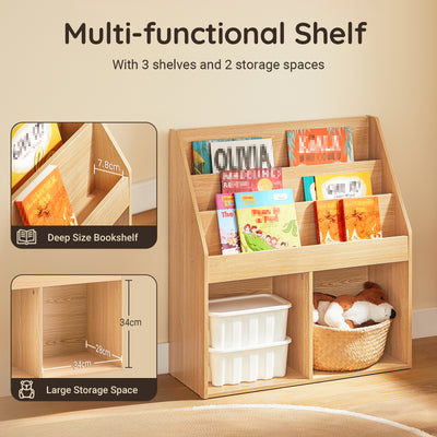 SoBuy KMB01-N, Kids Bookshelf and Toy Storage Unit with 3 Tiers and 2 Storage Partitions Children's Bookcase for Nursery Toddler Room Baby Book Shelf Kids Book Storage Natural 73x30x80 cm
