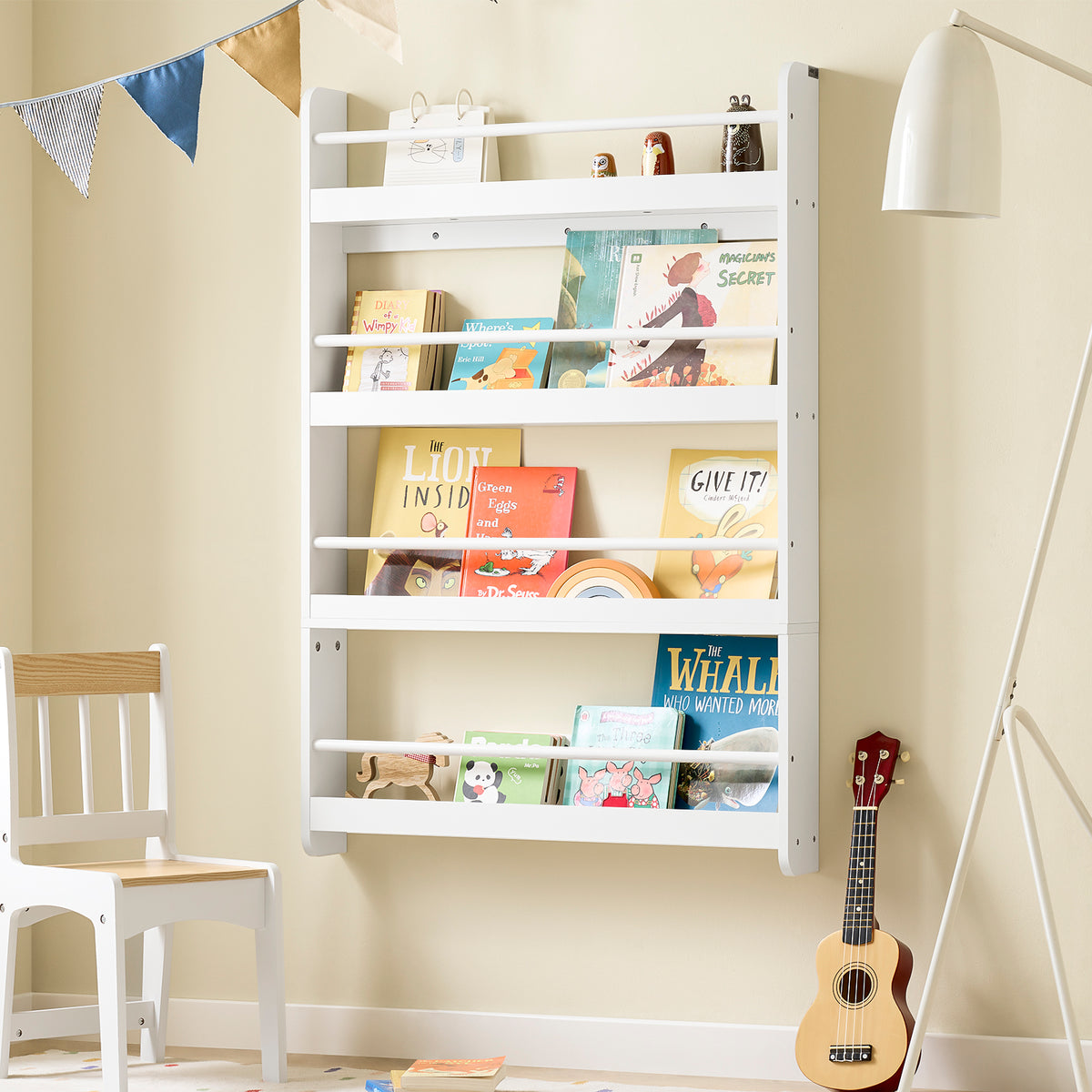 SoBuy KMB08-II-W, Kids Bookshelf Children's Bookcase 4 Tier Book Storage Rack, Wall Bookshelf Toy Storage Unit for Nursery or Playroom Kids Bedroom Furniture White 80x12x118cm