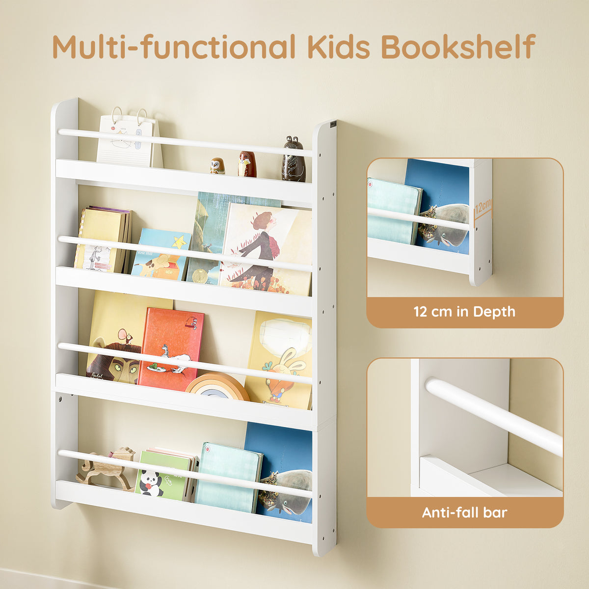 SoBuy KMB08-II-W, Kids Bookshelf Children's Bookcase 4 Tier Book Storage Rack, Wall Bookshelf Toy Storage Unit for Nursery or Playroom Kids Bedroom Furniture White 80x12x118cm