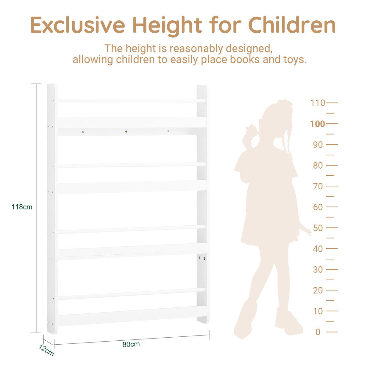 SoBuy KMB08-II-W, Kids Bookshelf Children's Bookcase 4 Tier Book Storage Rack, Wall Bookshelf Toy Storage Unit for Nursery or Playroom Kids Bedroom Furniture White 80x12x118cm