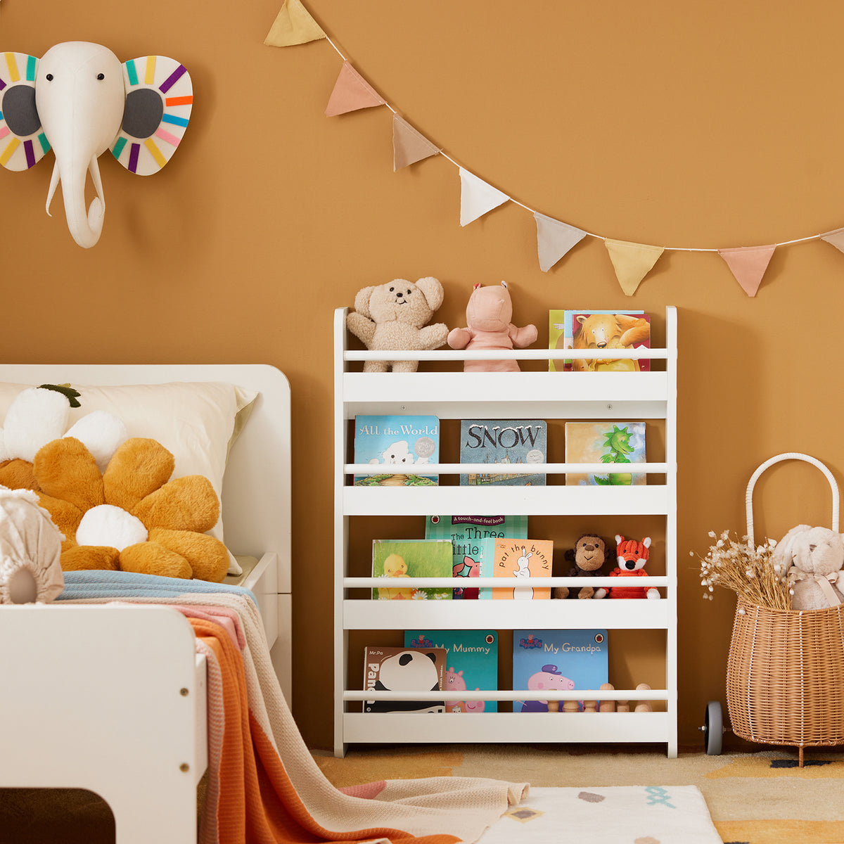 SoBuy KMB08-K-W, Wall Mounted 4 Tiers Children Kids Bookcase Storage Display Rack, White