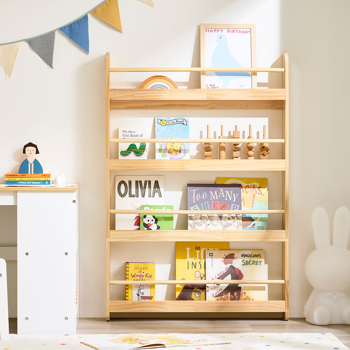 SoBuy KMB08-N Kids Bookshelf Children's Bookcase 4 Tier Book Storage Rack, Wall Bookshelf Toy Storage Unit for Nursery or Playroom Kids Bedroom Furniture Natural 80x12x118cm