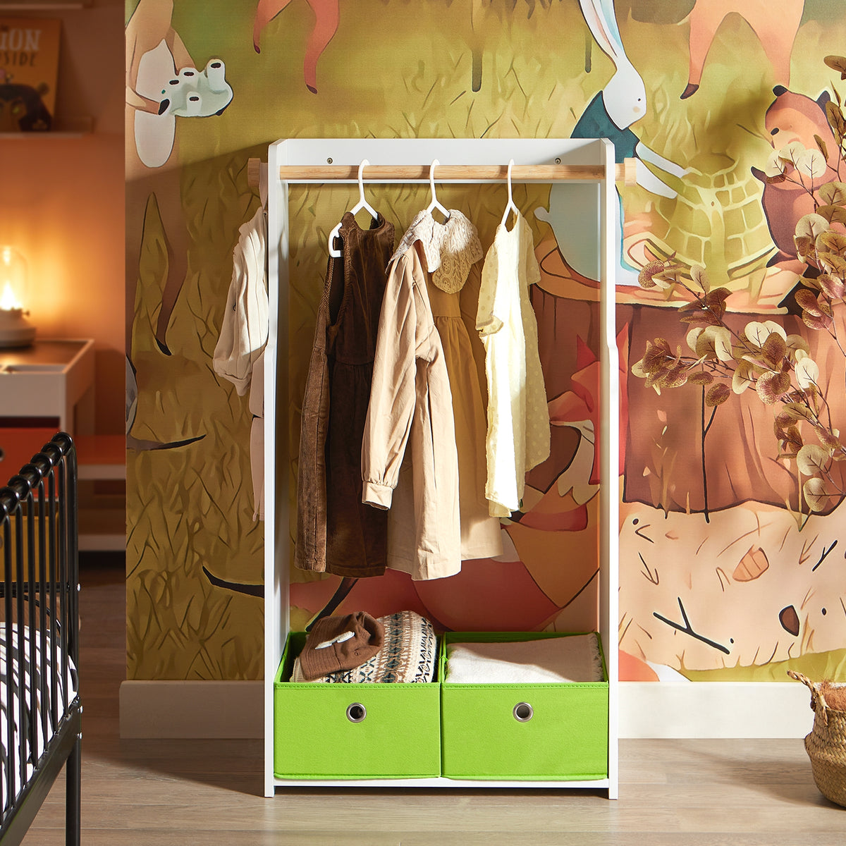 SoBuy KMB109-W, Children Kids Clothes Rack Children Wardrobe Closet with Hanging Rail and 2 Fabric Boxes, White