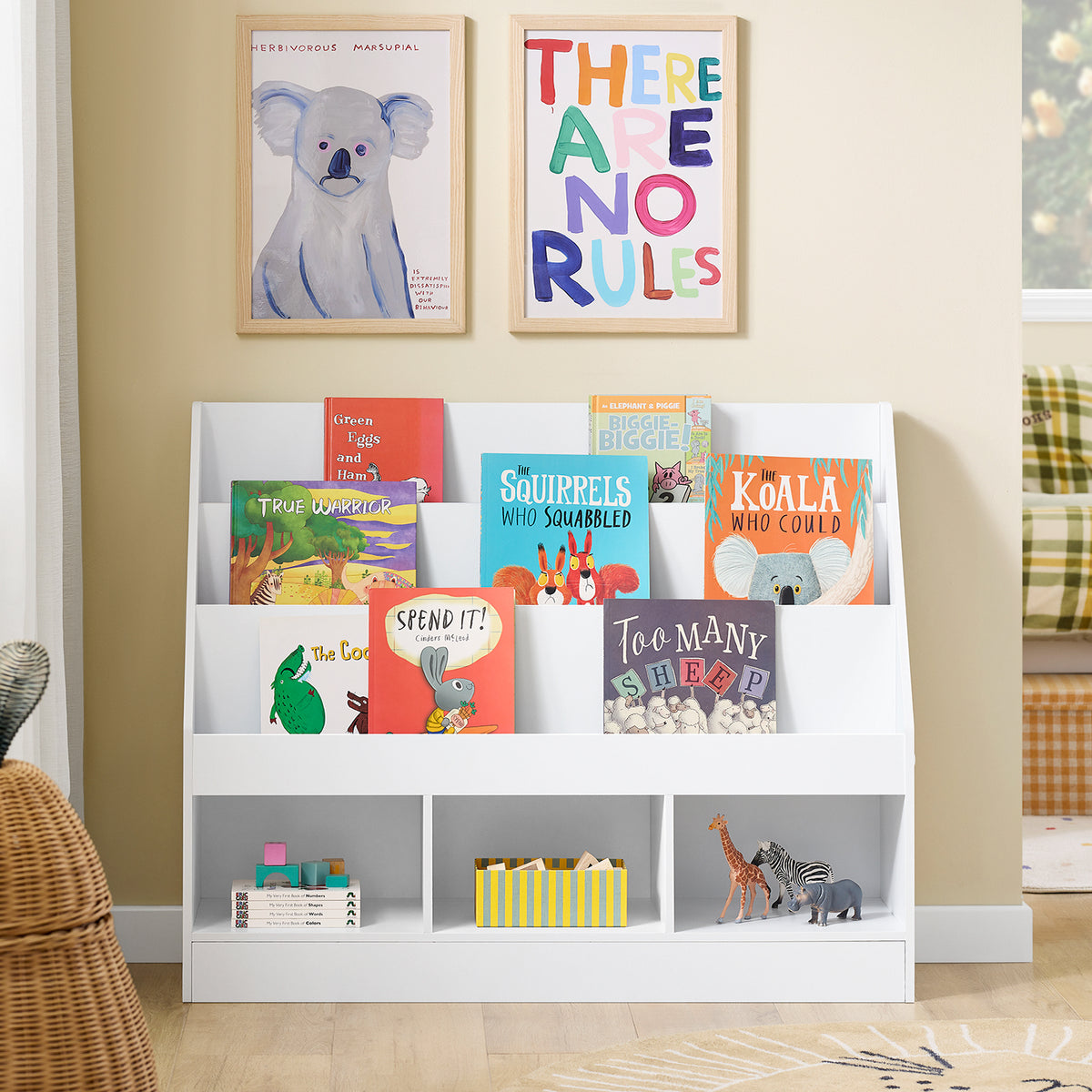 SoBuy KMB118-W, Kids Bookshelf Children's Bookshelf with 3 Storage Compartments Kids Book Shelf Toy Storage Unit Nursery Furniture White 100x30x80cm