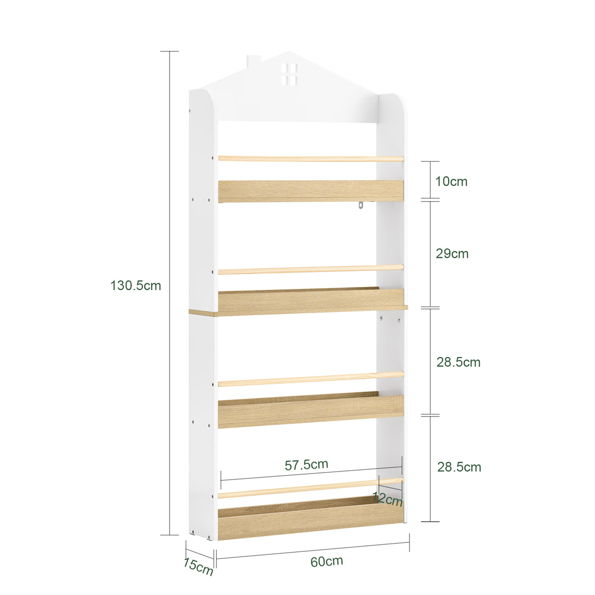 SoBuy KMB121-WN, Kids Bookshelf Children's Bookcase 4 Tier Book Storage Rack, Wall Bookshelf Toy Storage Unit for Nursery or Playroom Kids Bedroom Furniture White and Natural 60x15x130.5 cm