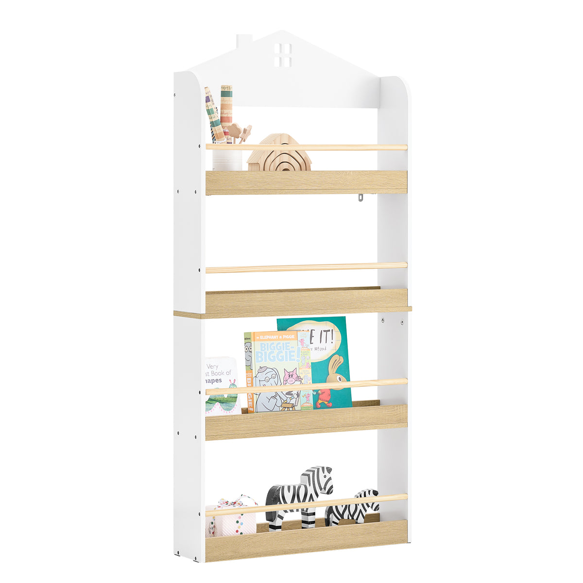 SoBuy KMB121-WN, Kids Bookshelf Children's Bookcase 4 Tier Book Storage Rack, Wall Bookshelf Toy Storage Unit for Nursery or Playroom Kids Bedroom Furniture White and Natural 60x15x130.5 cm