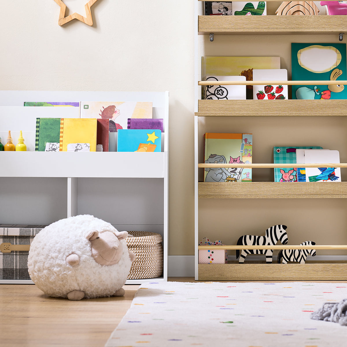 SoBuy KMB121-WN, Kids Bookshelf Children's Bookcase 4 Tier Book Storage Rack, Wall Bookshelf Toy Storage Unit for Nursery or Playroom Kids Bedroom Furniture White and Natural 60x15x130.5 cm