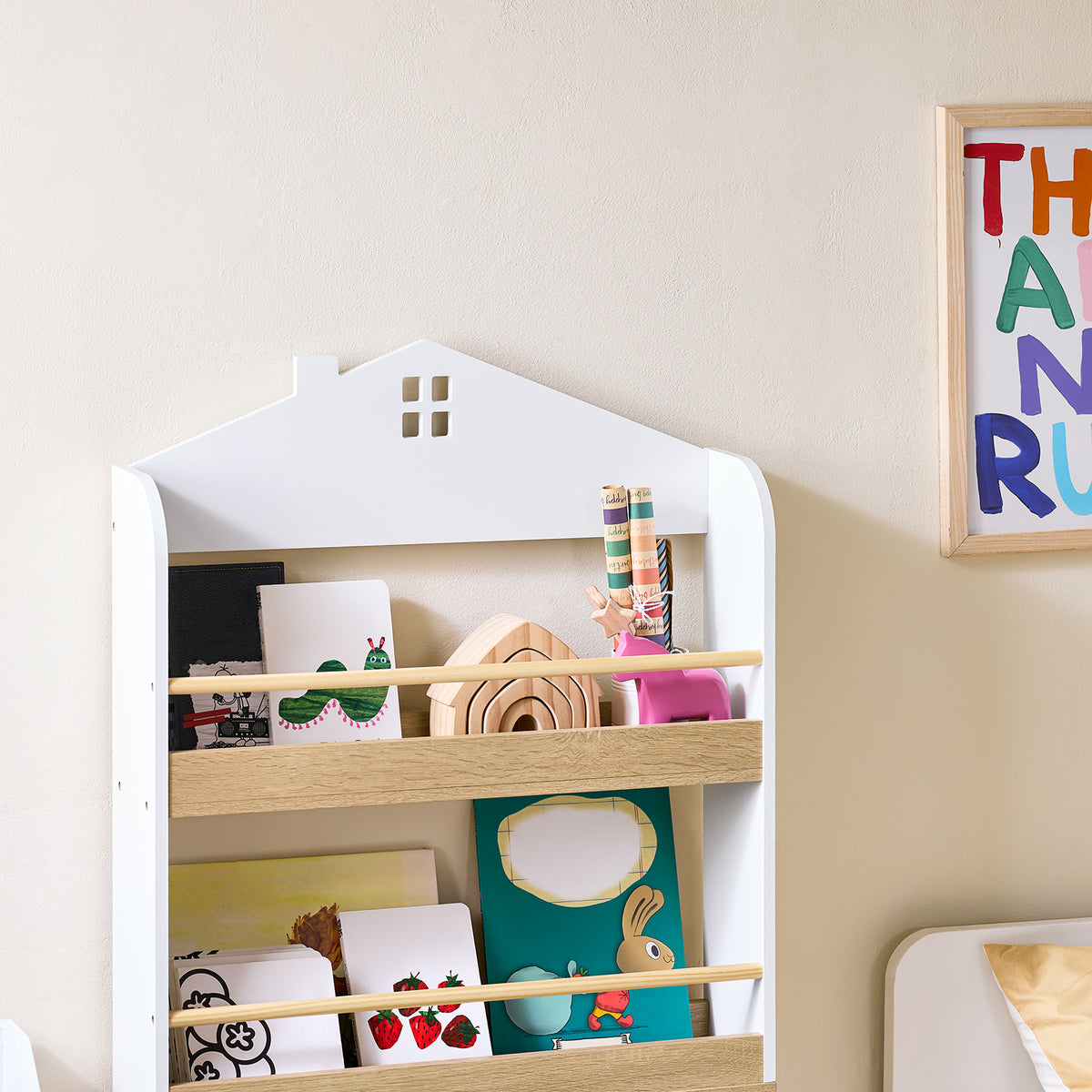SoBuy KMB121-WN, Kids Bookshelf Children's Bookcase 4 Tier Book Storage Rack, Wall Bookshelf Toy Storage Unit for Nursery or Playroom Kids Bedroom Furniture White and Natural 60x15x130.5 cm