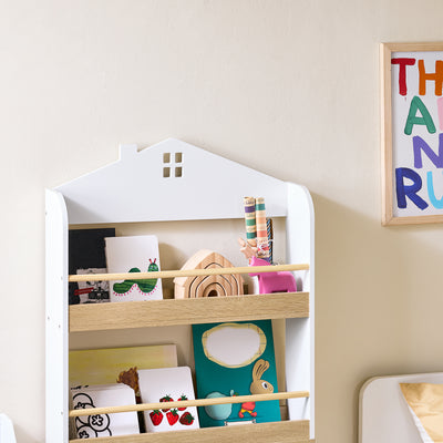 SoBuy KMB121-WN, Kids Bookshelf Children's Bookcase 4 Tier Book Storage Rack, Wall Bookshelf Toy Storage Unit for Nursery or Playroom Kids Bedroom Furniture White and Natural 60x15x130.5 cm